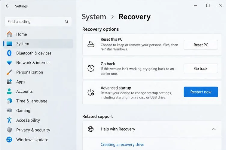 As Configurações do Windows mostram Sistema, Recuperação e a opção Inicialização avançada Reiniciar agora.