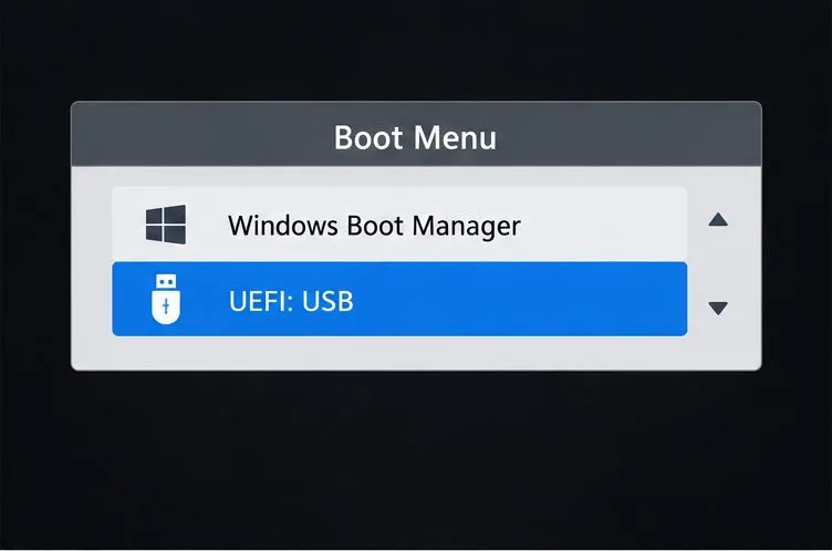 O menu de inicialização do firmware lista o Gerenciador de Inicialização do Windows e o UEFI: USB, com o UEFI: USB destacado.