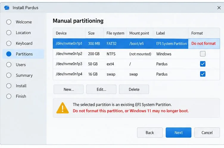 Uma tabela de particionamento manual mostra a partição EFI montada em /boot/efi com a formatação desativada, a linha NTFS do Windows intacta e uma nova linha raiz ext4 do Pardus.