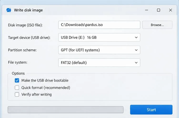 Uma janela genérica de gravação de imagem de disco exibe uma ISO do Pardus, uma unidade USB, GPT para UEFI e um botão Iniciar.