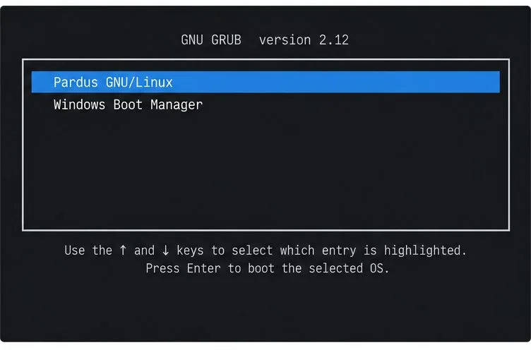O menu GRUB destaca o Pardus GNU/Linux e lista o Gerenciador de Inicialização do Windows como uma segunda opção de inicialização.