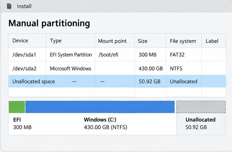 Uma visualização de particionamento manual distingue a partição do sistema EFI existente, a partição NTFS do Windows e o espaço não alocado.