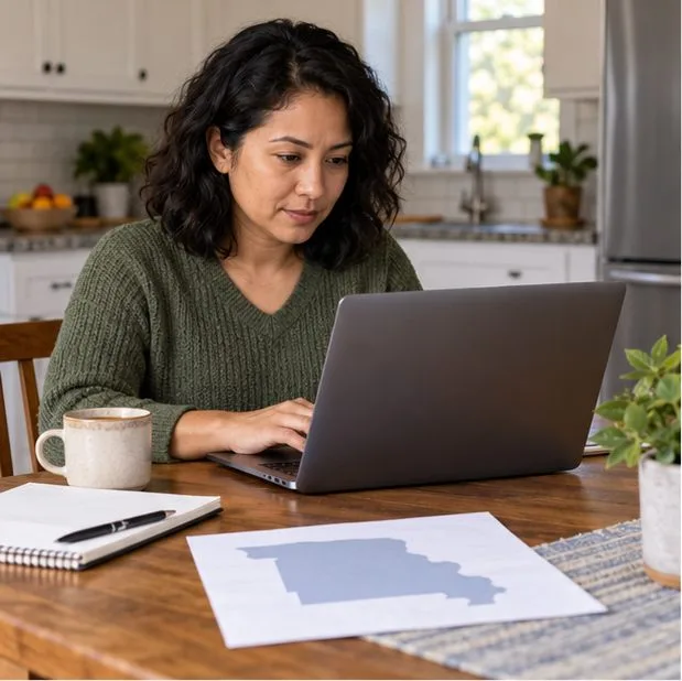 An adult reviews election information on a laptop beside an unmarked state map on paper.
