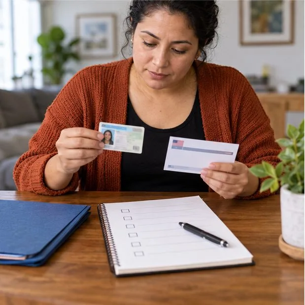A voter reviews an identification card, registration card, and checklist at home.