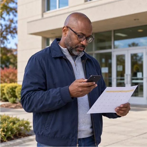A voter checks a phone and printed calendar outside a county election office.