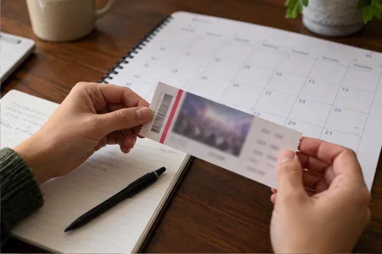 Hände vergleichen eine Eintrittskarte mit einem Kalender und einem Notizbuch.