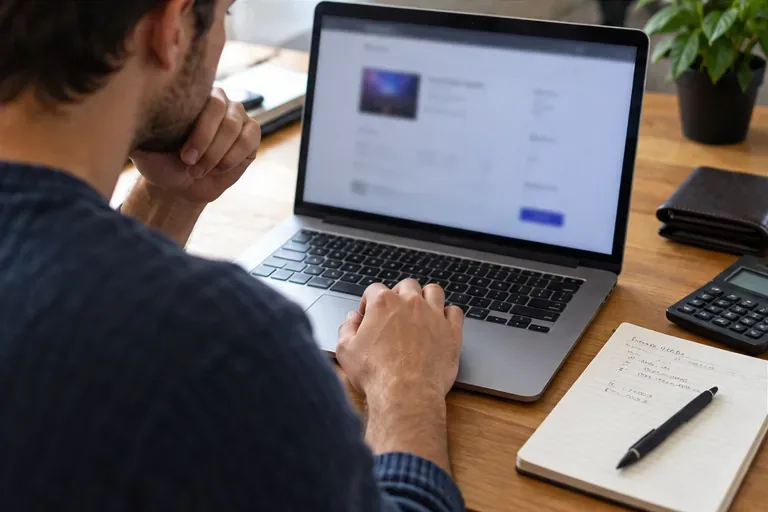Eine Person kontrolliert am Laptop eine digitale Ticketseite und notiert Angaben.