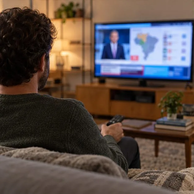 Una persona ve una retransmisión informativa sobre los resultados electorales en televisión