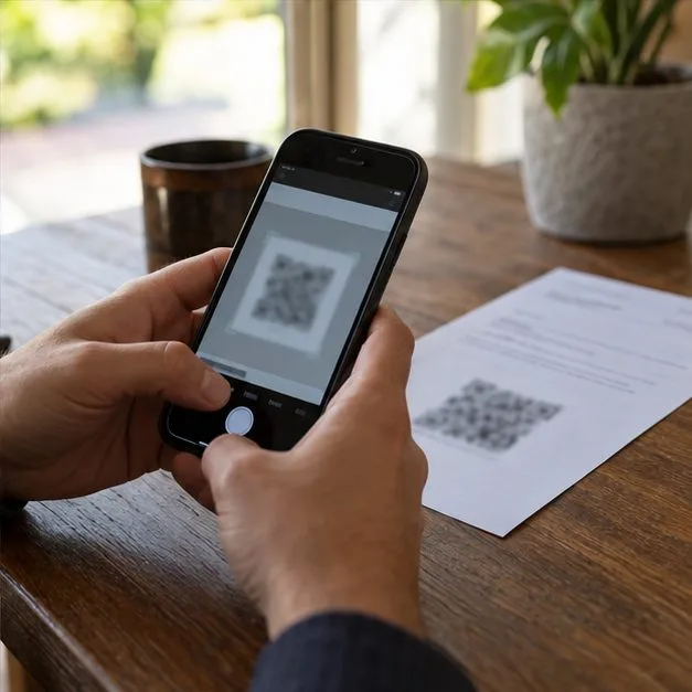 Un teléfono apunta a un código QR de una hoja impresa genérica