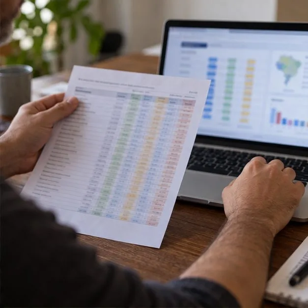 Una persona compara una tabla impresa con datos de un portátil