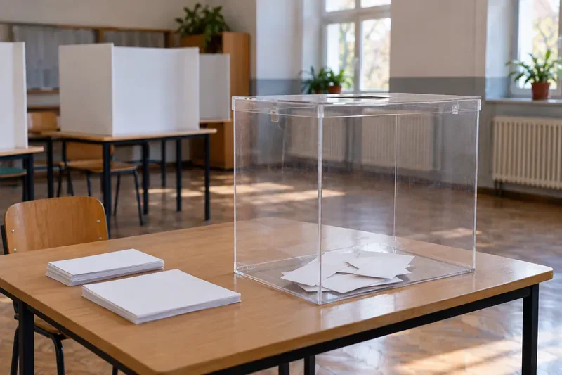 Urna transparente con papeletas blancas sin marcar sobre una mesa en un aula preparada como colegio electoral