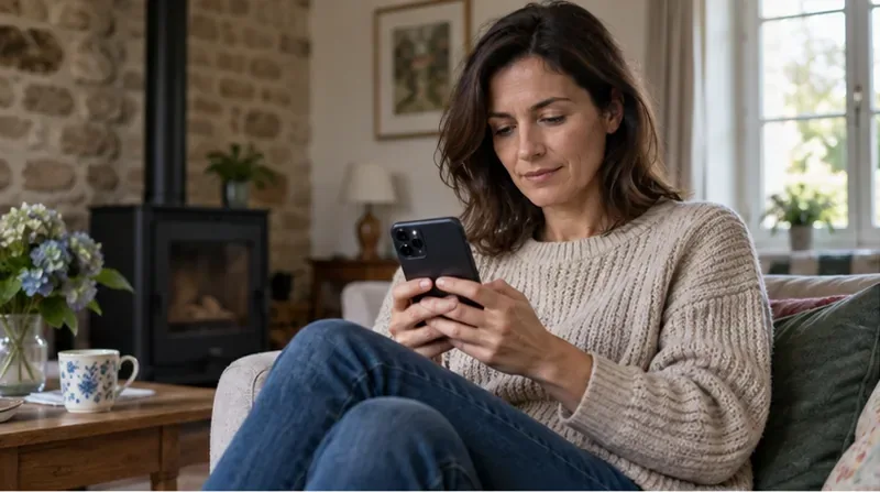 Une habitante consulte son smartphone à son domicile pour vérifier les informations de panne.