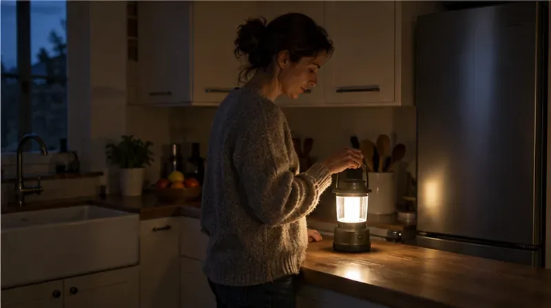 Dans une cuisine sombre, une personne utilise une lanterne à piles près d’un réfrigérateur fermé.