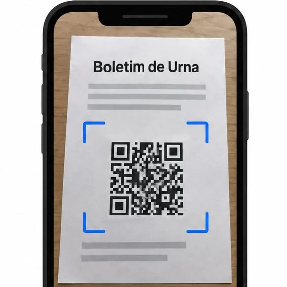 Celular enquadrando o QR Code impresso em uma folha identificada como Boletim de Urna.