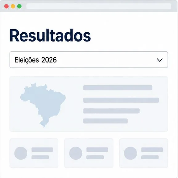 Tela esquemática de uma página de resultados com o título “Resultados” e o seletor “Eleições 2026”.