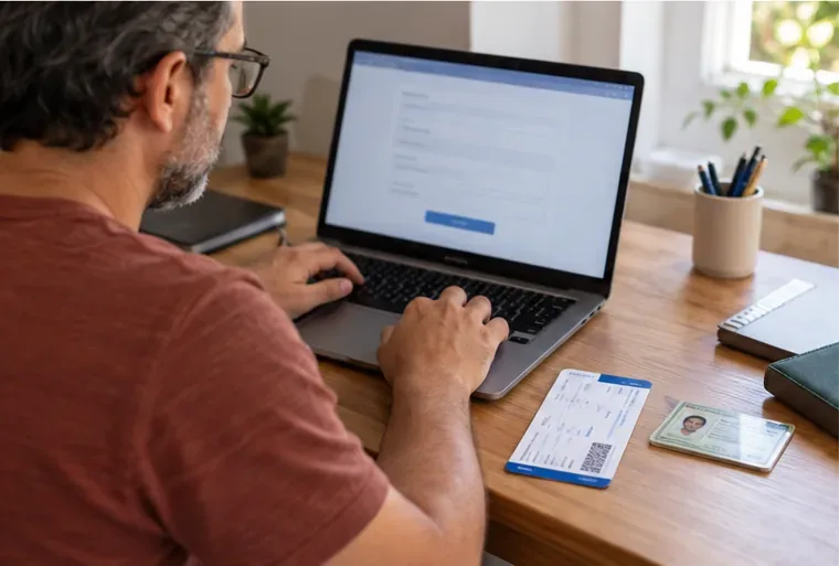 Um homem usa um laptop diante de um formulário genérico, com papéis e um documento sobre a mesa.