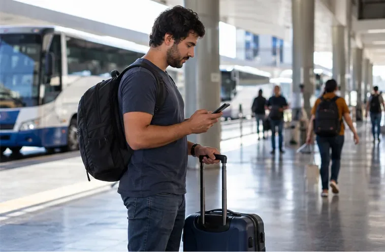 Um viajante consulta o celular ao lado de uma mala em um terminal rodoviário.