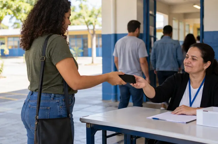 Eleitora entrega um celular desligado a uma mesária em uma mesa de atendimento antes de entrar