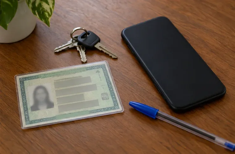 Documento de identificação com dados ocultos, celular desligado e chaves sobre uma mesa