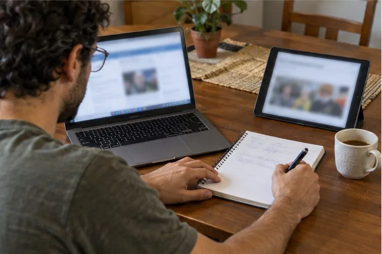 Un lettore prende appunti accanto a un computer e a un tablet aperti su pagine non leggibili