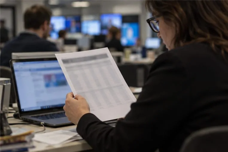 Un osservatore in redazione confronta un foglio riepilogativo con i dati aperti su un computer
