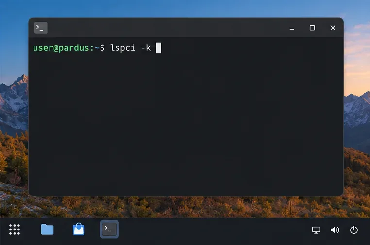 A terminal prompt has the lspci -k command typed, ready to check which kernel driver is active after reboot.