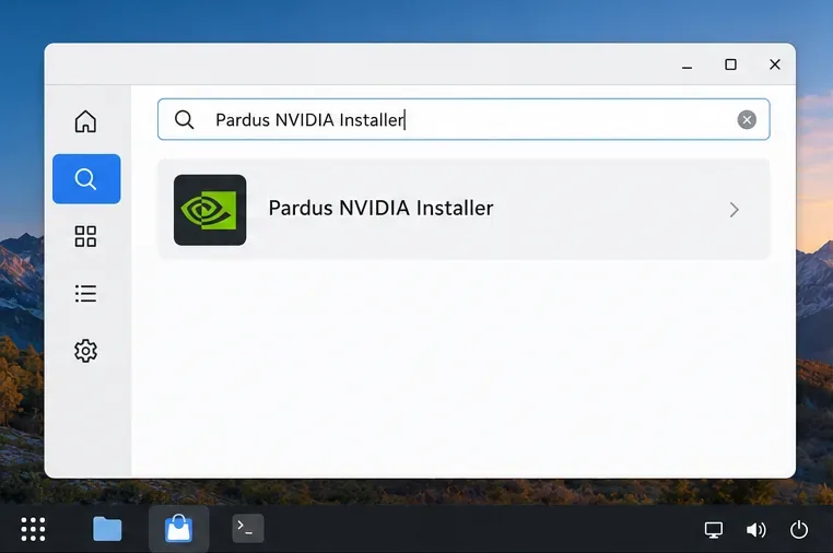 The Pardus Software Center search field contains Pardus NVIDIA Installer, with a matching application entry below it.