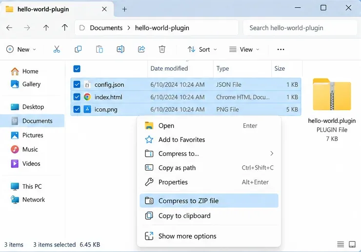 Windows 파일 탐색기에서 플러그인 소스 파일을 ZIP 패키징하도록 선택한 다음 hello-world.plugin 아카이브를 옆에 놓은 모습입니다.