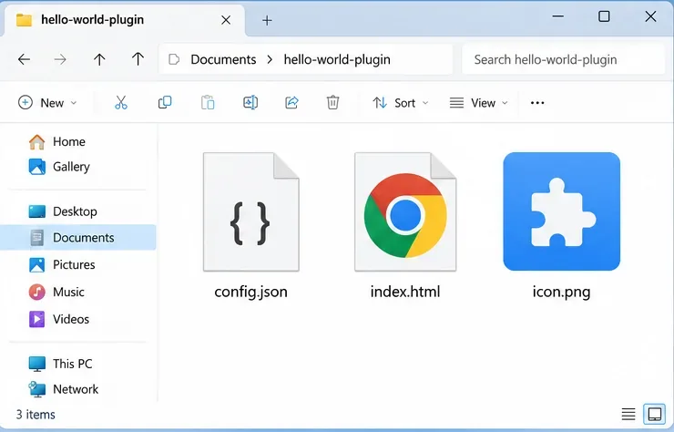 Windows 파일 탐색기에서 hello-world-plugin 개발 폴더 내의 config.json, index.html 및 icon.png 파일을 보여줍니다.