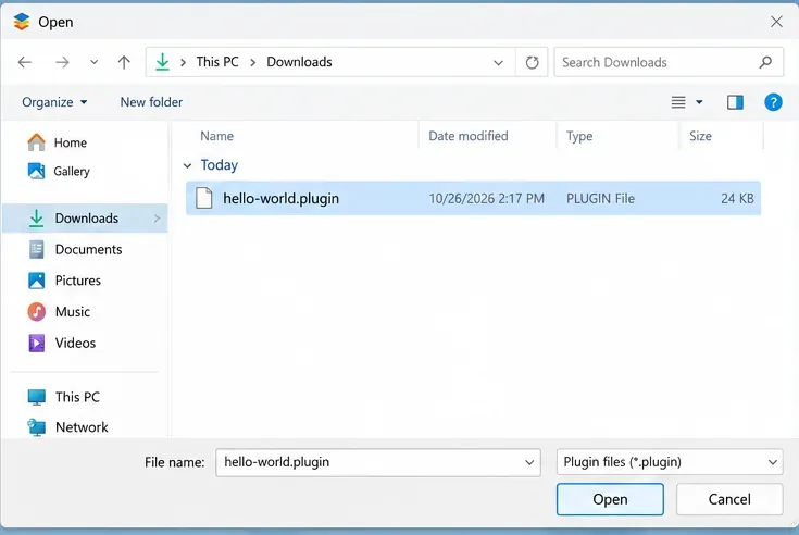 Windows 열기 대화 상자에서 "플러그인 파일" 필터를 사용하여 hello-world.plugin 패키지를 선택합니다.