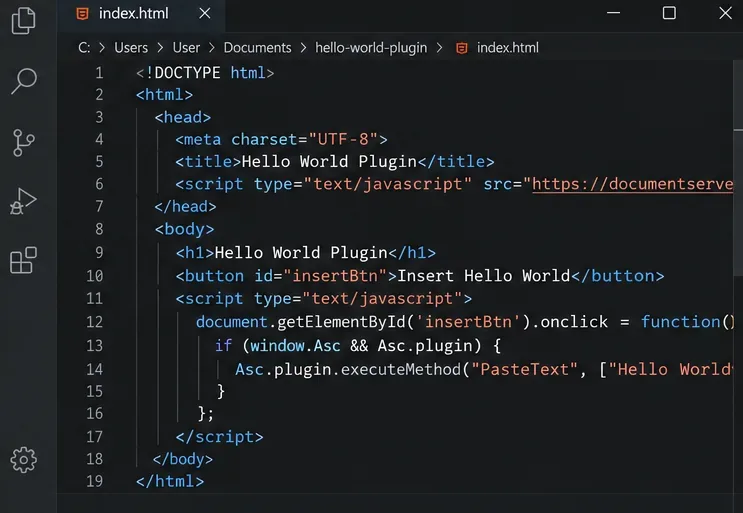 index.html 진입점과 "Hello World" 버튼, 그리고 PasteText 플러그인 API 호출을 표시하는 코드 편집기