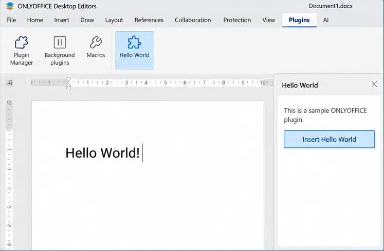 ONLYOFFICE 워드 프로세서에서 Hello World 플러그인 패널을 사용하고 문서에 Hello World 텍스트가 표시되는 모습입니다.