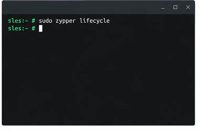 أمر Zypper الذي يعرض معلومات دورة حياة المنتجات المثبتة وحزم التحديث المباشر.