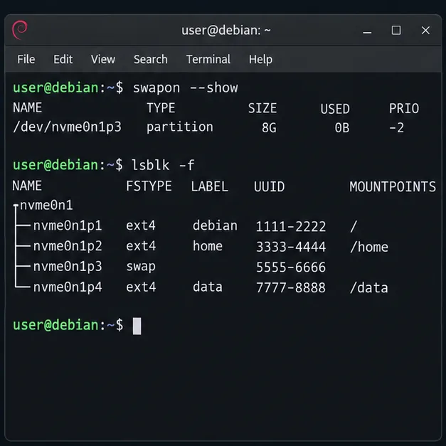 Saída do terminal Debian listando uma partição de swap ativa e uma linha do comando lsblk com FSTYPE swap.