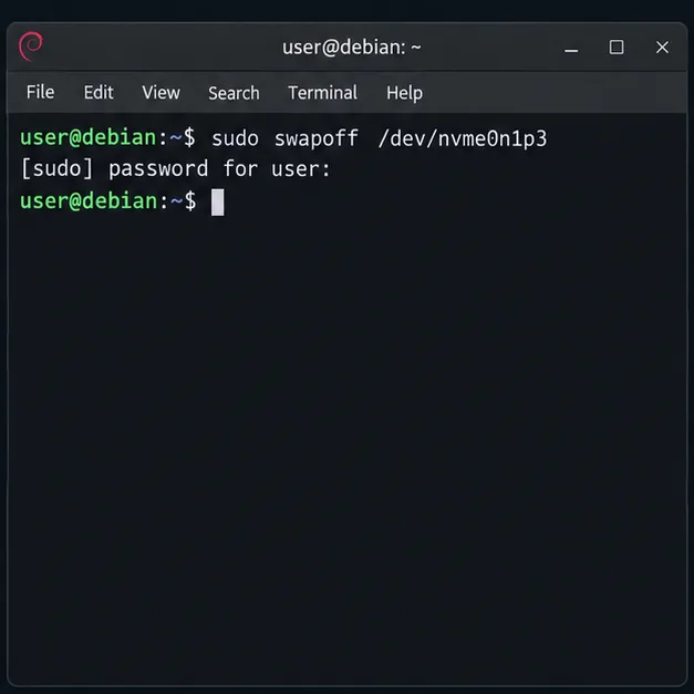 Terminal Debian mostrando a execução do comando swapoff na partição de swap selecionada.