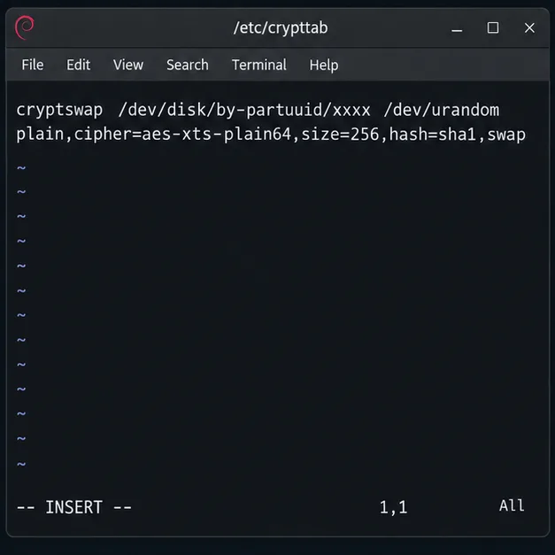Criptografe a partição de swap do Debian 12 com uma chave nova a cada inicialização.