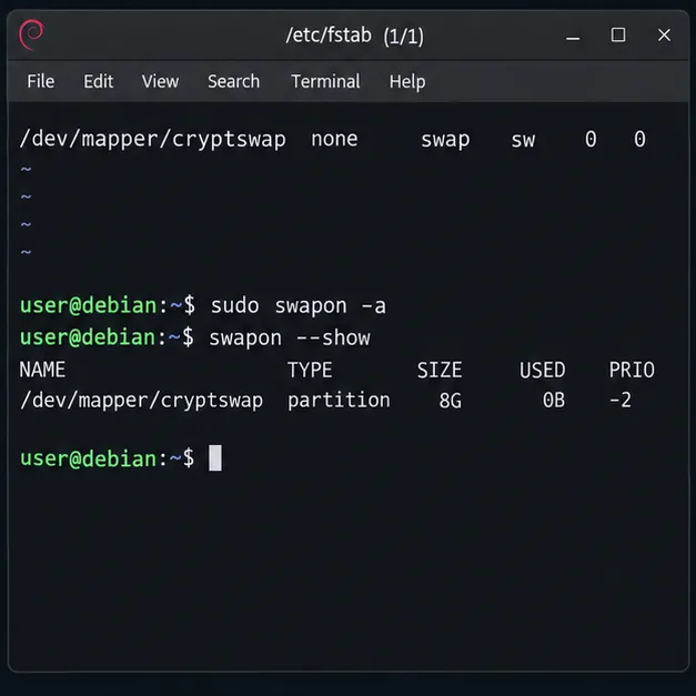 A entrada no fstab habilita a troca de memória através de /dev/mapper/cryptswap e o terminal lista esse mapeamento como ativo.