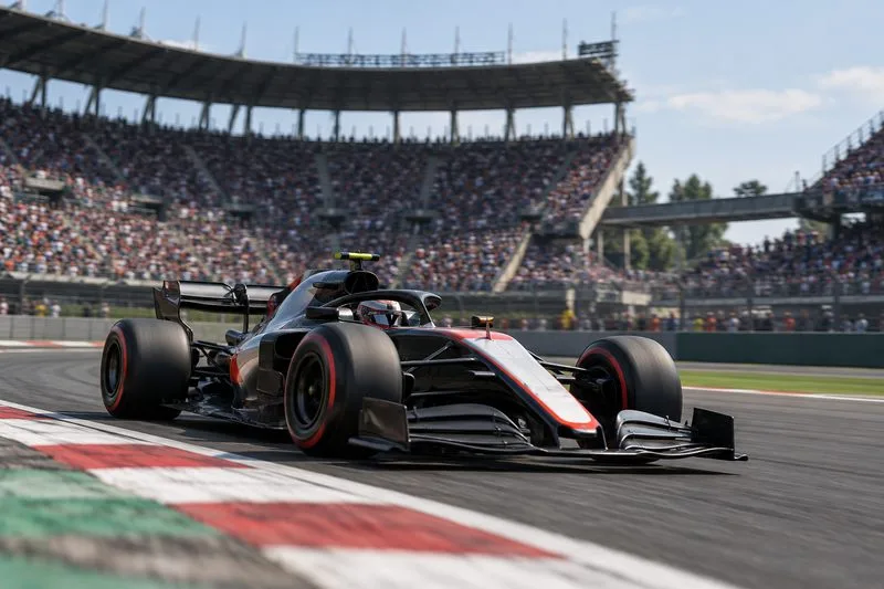 Une monoplace de Formule 1 négocie un virage devant les tribunes de l’Autódromo Hermanos Rodríguez.