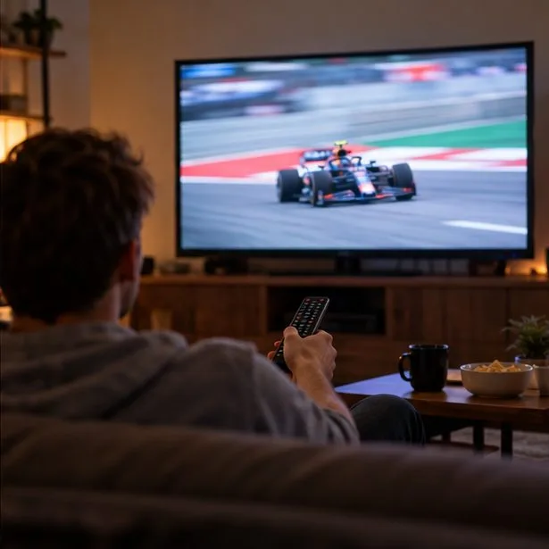 Una persona guarda in televisione una sessione di monoposto da un divano e tiene in mano il telecomando.