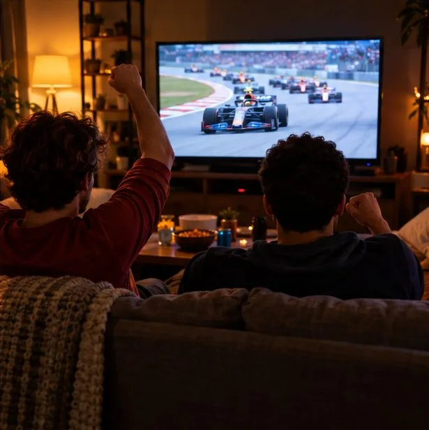 Due spettatori seduti sul divano guardano una gara di monoposto in televisione durante la sera.