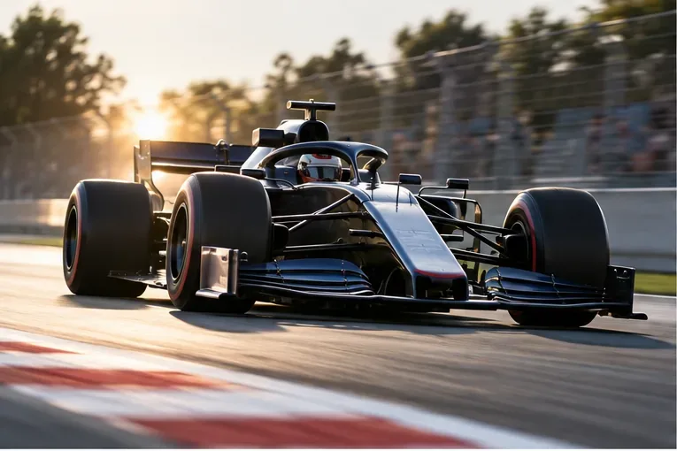 A black open-wheel race car speeds along a sunlit circuit.