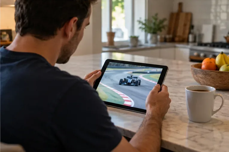 A viewer holds a tablet showing open-wheel racing footage beside a bright kitchen window.