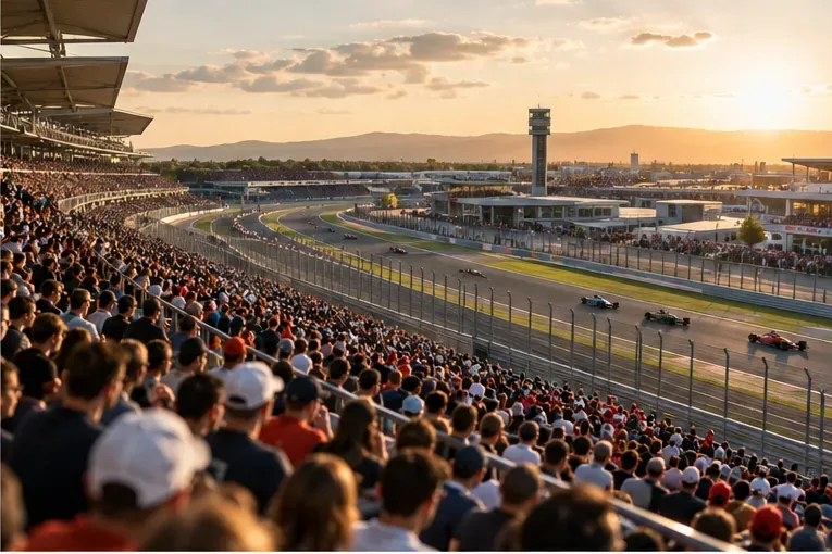 Spectators fill a grandstand overlooking a motor-racing circuit in late-afternoon light.