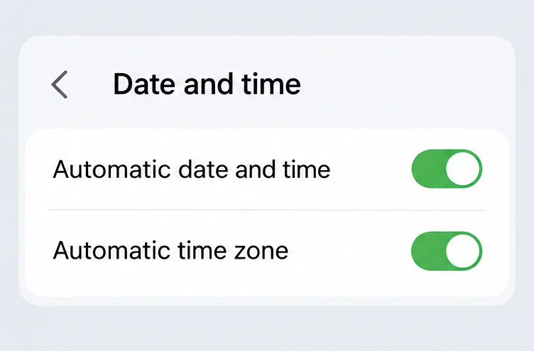 Illustrative Galaxy Date and time panel with Automatic date and time and Automatic time zone turned on.