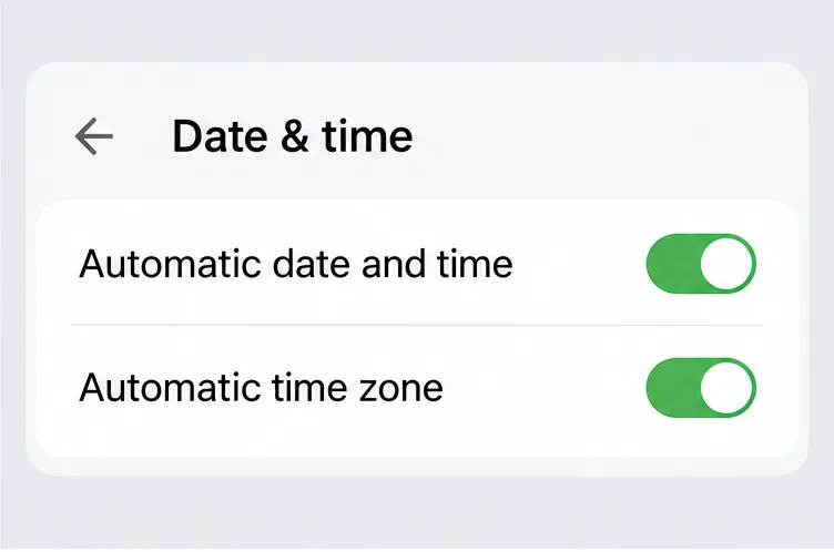 Illustrative Android Date & time panel with Automatic date and time and Automatic time zone turned on.