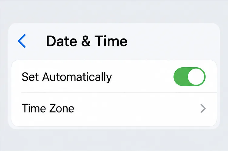 Illustrative iPhone Date & Time settings panel with Set Automatically turned on and a Time Zone row.