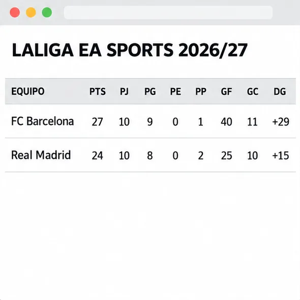 Esquema de las filas de FC Barcelona y Real Madrid con las columnas PTS, PJ, PG, PE, PP, GF, GC y DG