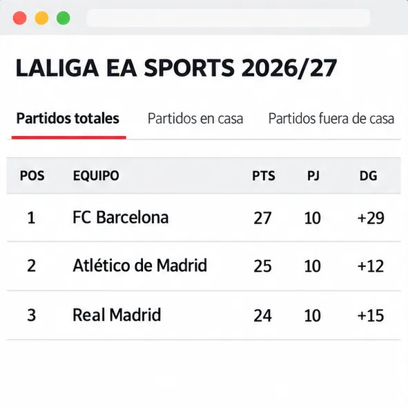 Esquema de la clasificación total de LALIGA EA SPORTS 2026/27: FC Barcelona primero con 27 puntos, Atlético segundo con 25 y Real Madrid tercero con 24