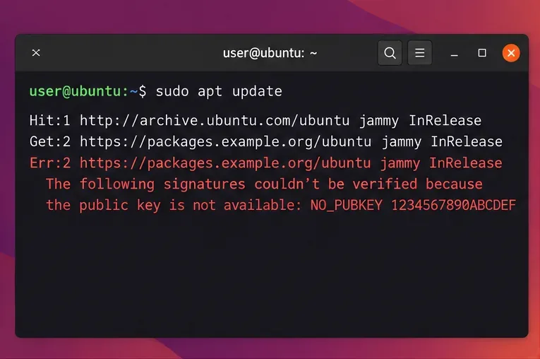 Output del terminale Ubuntu che mostra l'aggiornamento di apt e un errore di chiave pubblica mancante per un repository segnaposto packages.example.org