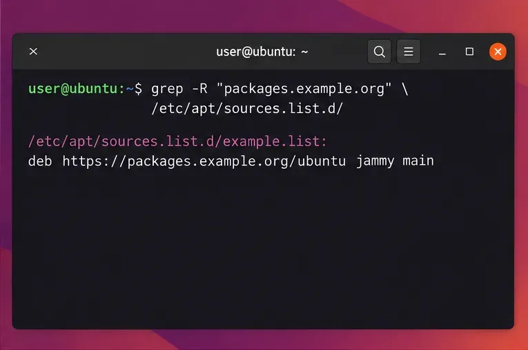 Terminale Ubuntu ricerca file in etc apt sources.list.d per un host di repository